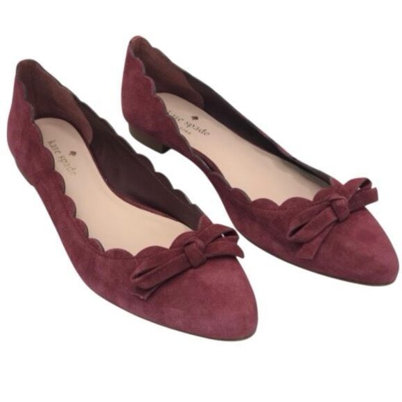 NWT Kate Spade Eleni Flex Burgundy Scalloped Suede Bow Flat Shoes Size 6.5 M - Picture 4 of 9